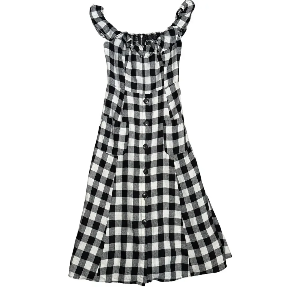 Reformation Hattie Linen Midi Dress Gingham Black White Size 6 Off the Shoulder - Picture 3 of 11